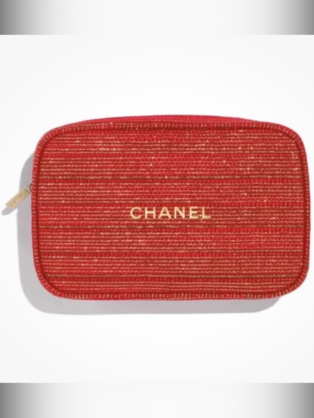 NEW CHANEL Red Tweed Makeup Bag Pouch 2022 Edition. Gold front & zip logo. NIB